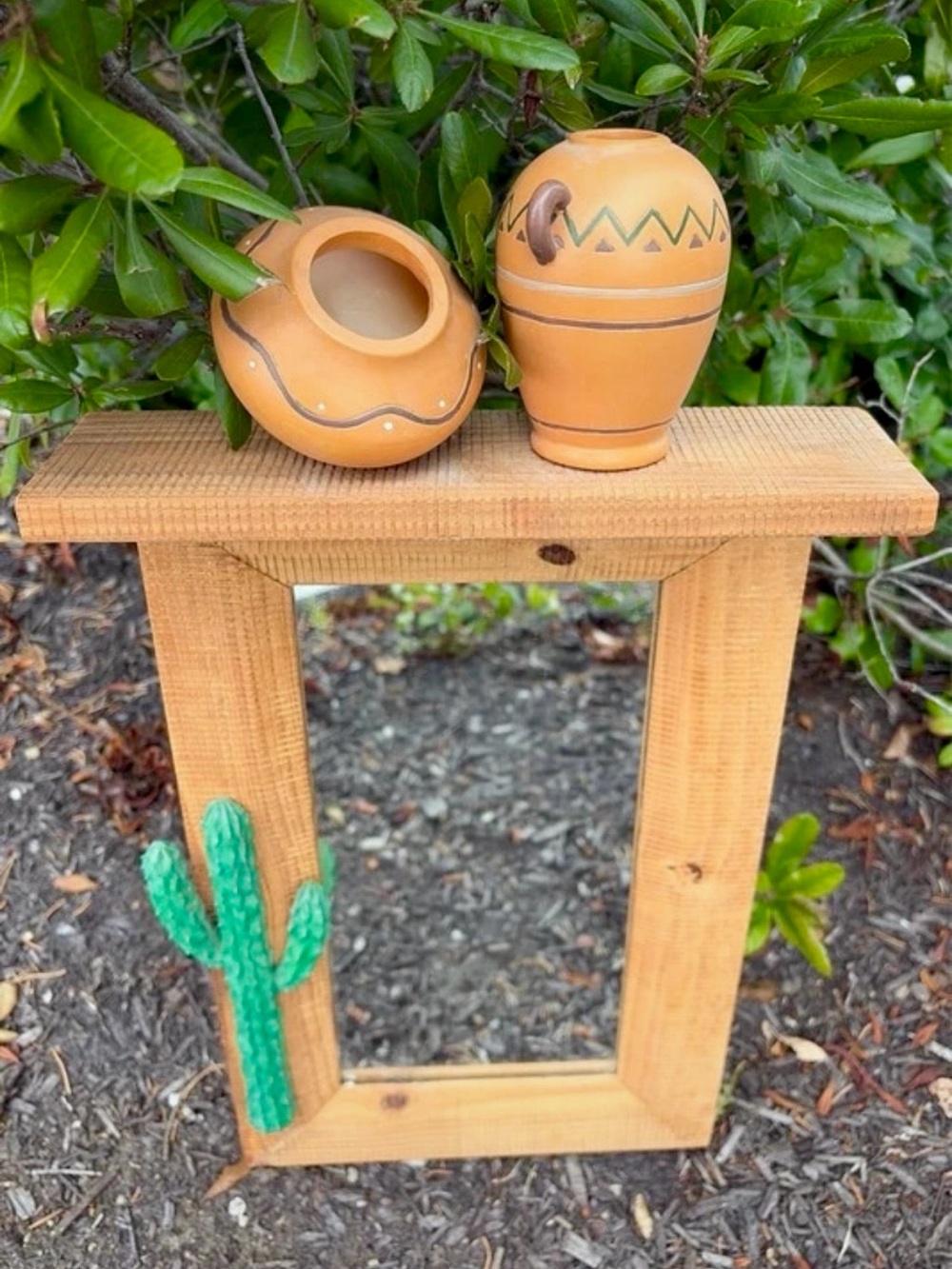 Southwestern Cactus Clay Pots 3D Textured Vintage Wall Mirror